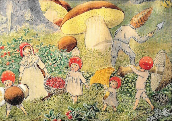 Elsa Beskow Mushroom Harvesting - Postcard-Autumn - Winter Postcards-Hjelms--Stardust-Store
